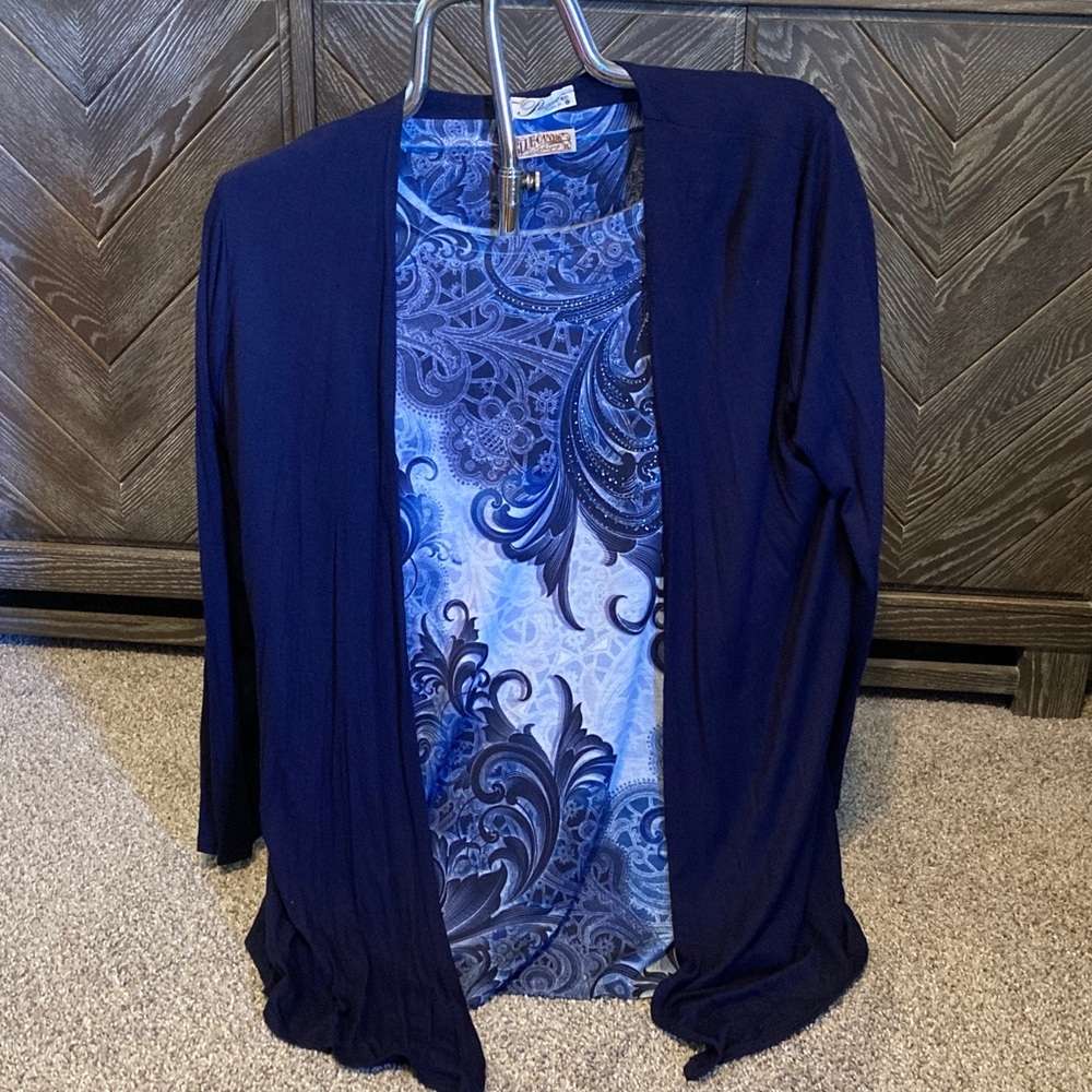 NWOT prospect blvd Navy cardigan w/Light Blue Paisley Blue Canyon blouse